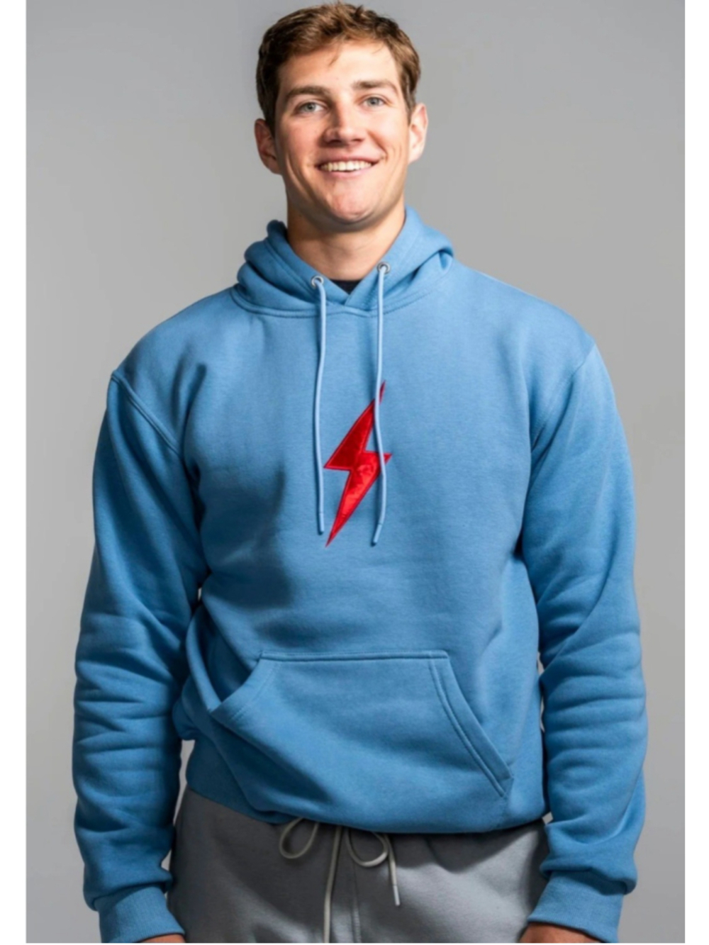 BRUCE BOLT Men's Large Hoodie Pullover Sweatshirt Baby Blue w Red Lightning Bolt